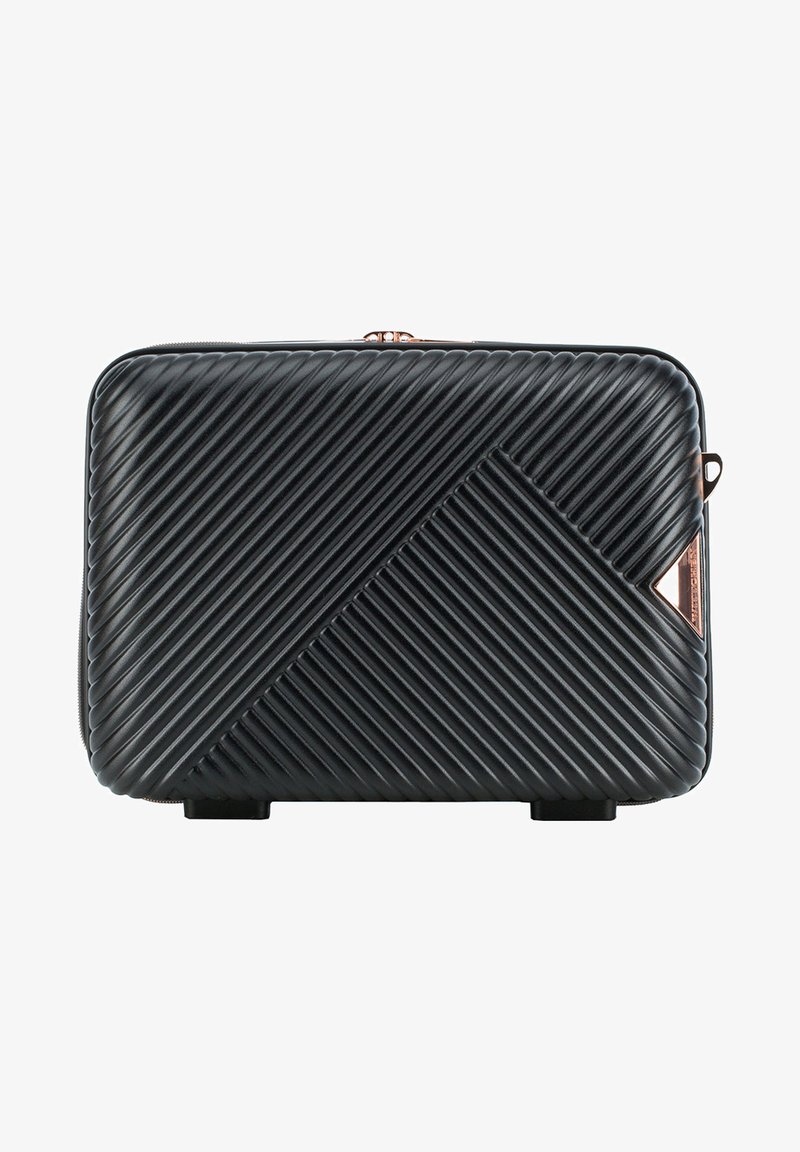 Schwarzes Hartschalenetui mit diagonaler Rippstruktur, roségoldenen Hardware-Akzenten, rechteckiger Form und abgerundeten Ecken zum Schutz.