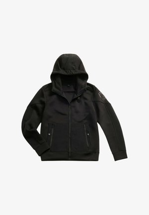 Schwarze Jacke mit Reißverschluss und Kapuze aus glattem Stoff, mit zwei Reißverschlusstaschen vorne und einem Logoaufnäher am Ärmel.