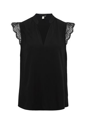 Črna brezrokavna bluzica z V-izrezom in čipkastim obrobjem na ramenih, z gladko teksturo in sproščenim krojem.