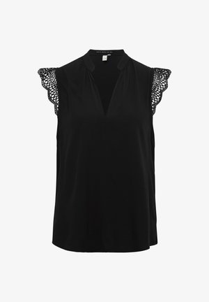 Črna brezrokavna bluzica z V-izrezom in čipkastim obrobjem na ramenih, z gladko teksturo in sproščenim krojem.
