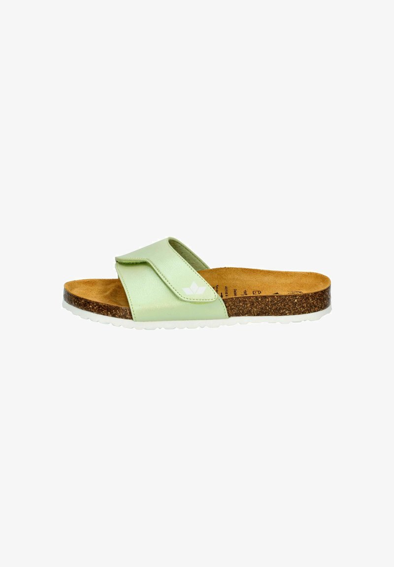 Light green slide sandal with adjustable strap, cork footbed, and white rubber sole shown from side view.