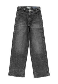 Zwart denim met wijde pijpen en gevlochten tailleband, voorzien van twee achterzakken en een knoopsluiting, gemaakt van stevig materiaal.