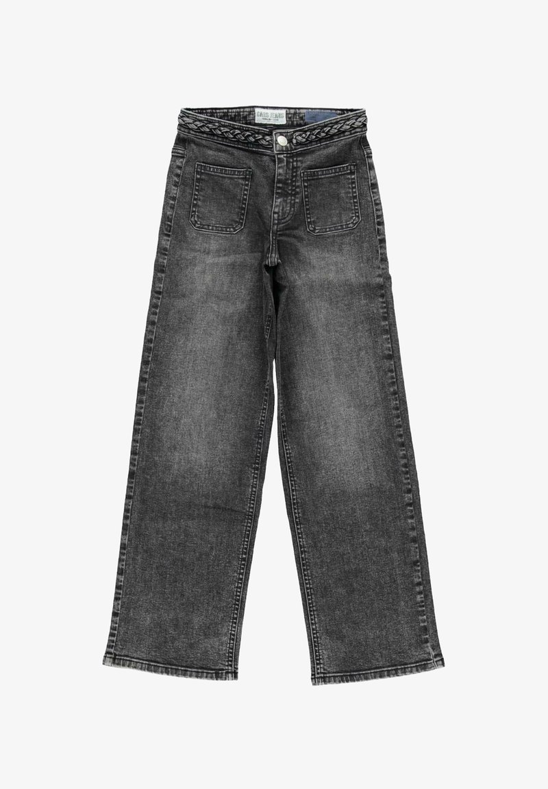 Zwart denim met wijde pijpen en gevlochten tailleband, voorzien van twee achterzakken en een knoopsluiting, gemaakt van stevig materiaal.