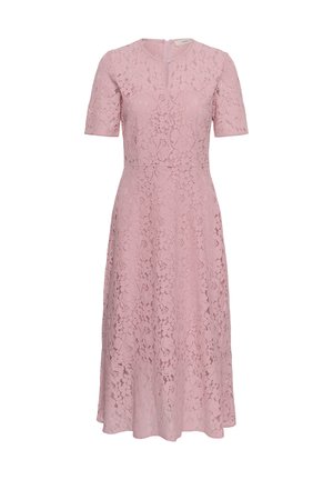 Világos rózsaszín csipke midi ruha rövid ujjakkal, testhez simuló derékkal és kerek nyakkivágással, hátul cipzárral.