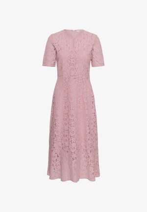 Világos rózsaszín csipke midi ruha rövid ujjakkal, testhez simuló derékkal és kerek nyakkivágással, hátul cipzárral.