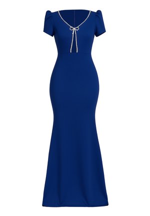 Vestido de sirena azul con mangas cortas abullonadas, escote en forma de V y un detalle decorativo de cuerda en el pecho. Hecho de una suave tela elástica.