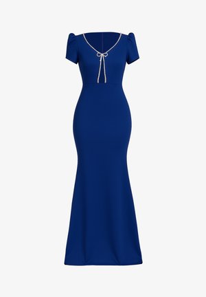 Vestido de sirena azul con mangas cortas abullonadas, escote en forma de V y un detalle decorativo de cuerda en el pecho. Hecho de una suave tela elástica.