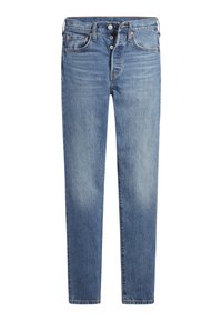 Ljusblå denimjeans med rak passform, som har fem fickor, knappgylf och mindre slitningar på benen.