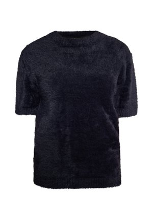 Trumpas rankovėmis tamsiai mėlynas pūkinis megztinis su švelniu, tekstūriniu paviršiumi ir apvalia iškirpte, su laisvu siluetu ir be matomų papuošimų.