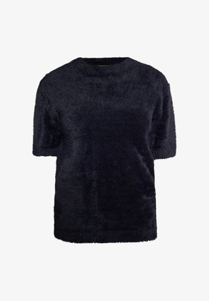 Tshirt z krótkim rękawem w granatowym kolorze, wykonany z miękkiego, teksturowanego futra, z okrągłym dekoltem. Ma luźny krój i nie posiada widocznych zdobień.