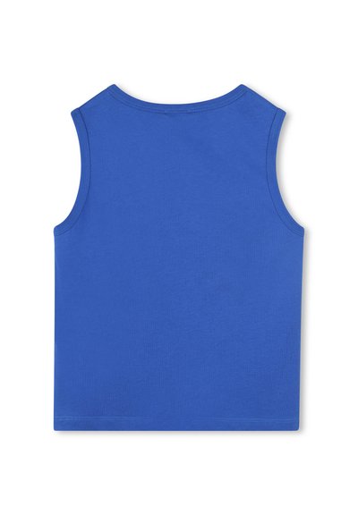 Haut sans manches bleu avec un col rond, fabriqué en tissu lisse. Présente une finition soignée à l'ourlet et aux bords, sans motifs ni accents.