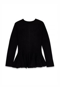 Top peplum nero con maniche lunghe, scollatura rotonda e finitura texturizzata. L'orlo fluisce verso l'esterno, creando una silhouette a campana.