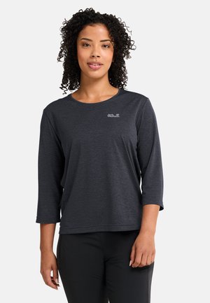 Losse, donkergrijze top met lange mouwen, gemaakt van zachte, lichte stof. Heeft een ronde halslijn en een klein logo op de borst.