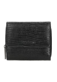 Zwarte leren portemonnee met een gestructureerd krokodillenpatroon, voorzien van een klep en een subtiele gedrukte merklogo. Met rits afgesloten compartiment aan de zijkant.