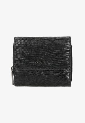 Black leather wallet with a textured crocodile pattern, featuring a fold-over flap and subtle printed brand logo. Zippered compartment on the side.