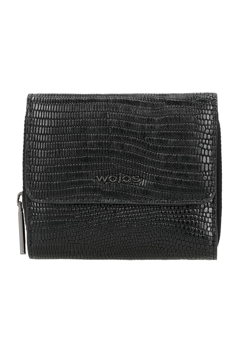 Zwarte leren portemonnee met een gestructureerd krokodillenpatroon, voorzien van een klep en een subtiele gedrukte merklogo. Met rits afgesloten compartiment aan de zijkant.