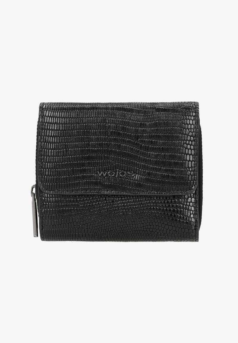 Zwarte leren portemonnee met een gestructureerd krokodillenpatroon, voorzien van een klep en een subtiele gedrukte merklogo. Met rits afgesloten compartiment aan de zijkant.