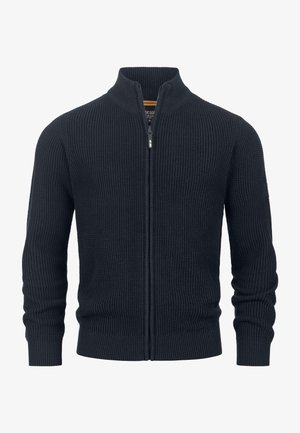 Cardigan en tricot bleu marine avec un col montant, fermeture éclair sur le devant, poignets et ourlet côtelés. Présente un motif texturé sur l'ensemble.