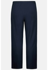 Marinblå, lätta bomullsbukser med elastisk midja. Rakt snitt, inga fickor och slät struktur genom hela plagget.