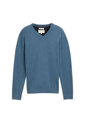 Suéter azul de algodón con escote en V y mangas largas, con puños acanalados. Presenta un pequeño logo en el pecho y una tela suave y texturizada.