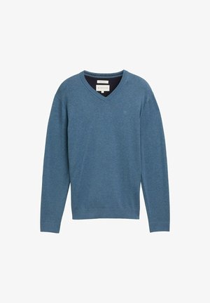 Pullover blu in cotone con scollo a V, maniche lunghe e polsini a costine. Presenta un piccolo logo sul petto e un tessuto morbido e strutturato.
