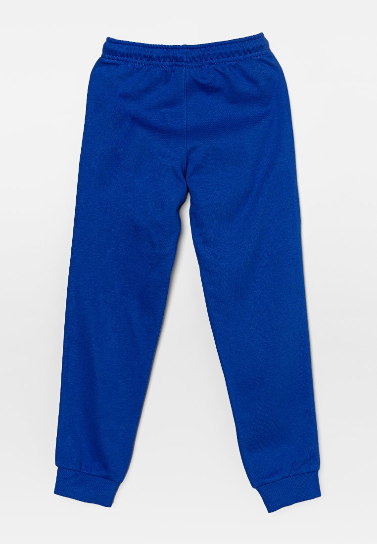 Blauwe katoenen sportbroeken met een elastische tailleband en boorden. Glad textuur en taps toelopende benen. Geen zichtbare patronen of accenten.