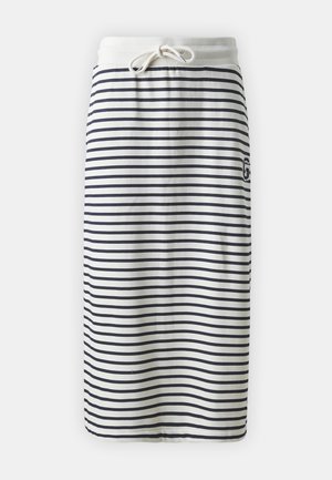 Csíkos pamut szoknya krém és tengerészkék színben, húzózsinóros derékkal és diszkrét logó részlettel az oldalon.