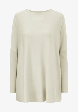 Hellbeige, übergroßer Pullover mit langen, gerippten Ärmeln und Rundhalsausschnitt. Weicher Stoff mit glatter Textur und A-Linien-Silhouette.