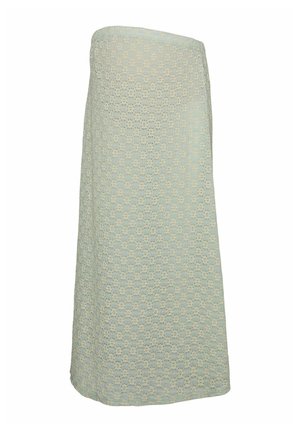 Lichtblauwe knielange rok met een getextureerd, geperforeerd dambordpatroon, rechte snit en zonder zichtbare sluitingen of versieringen.