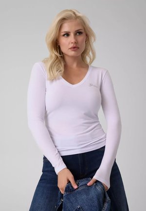 Guess, T-SHIRT MANCHES LONGUES À COL V ET MINI LOGO FEMME - T-shirt à manches longues - pure white