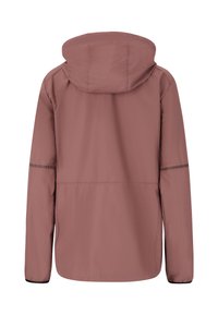 Takaa nähtynä vaaleanvioletti hupullinen takki, jossa pitkät hihat ja saumatyöt hihansuissa ja selässä.