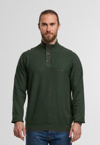 Dunkelgrüner Strickpullover mit hohem Kragen, drei Knöpfen, gerippten Bündchen und geradem Saum. Auffälliges strukturiertes Muster im gesamten Pullover.