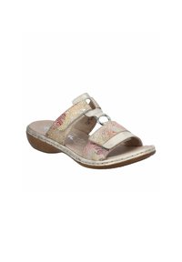 Open-toed sandaal met een beige basis, decoratieve gestructureerde banden in roze en gouden patronen, en een ronde metalen accent.