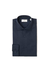 Camisa de dress azul marino, material de algodón, mangas largas, cuello button-down, puño sencillo con botón, textura suave, diseño minimalista.