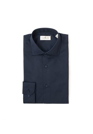 Camisa de dress azul marino, material de algodón, mangas largas, cuello button-down, puño sencillo con botón, textura suave, diseño minimalista.