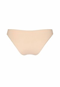 Chilot de baie de culoare nud, realizat dintr-o țesătură netedă, având un design clasic cu talie joasă, cu panouri laterale simetrice și o finisare fără cusături.