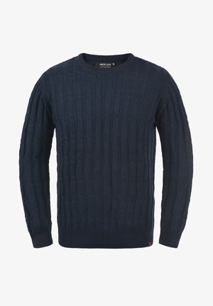 Tummansininen neulepaita, jossa on ribbamainen rakenne, pyöreä kaula-aukko ja palmikkokudonta. Joustohaarat ja helma takaavat tiukan istuvuuden.