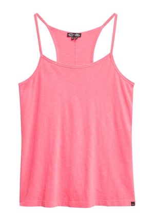 Rosa ärmelloses Tanktop aus leichtem Baumwollmix, mit Rundhalsausschnitt, dünnen Trägern und geradem Saum. Keine Muster oder Akzente.