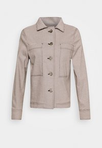 Giacca a quadri marrone e beige realizzata in tessuto tessuto. Presenta un colletto, cinque bottoni, due tasche sul petto e maniche lunghe.