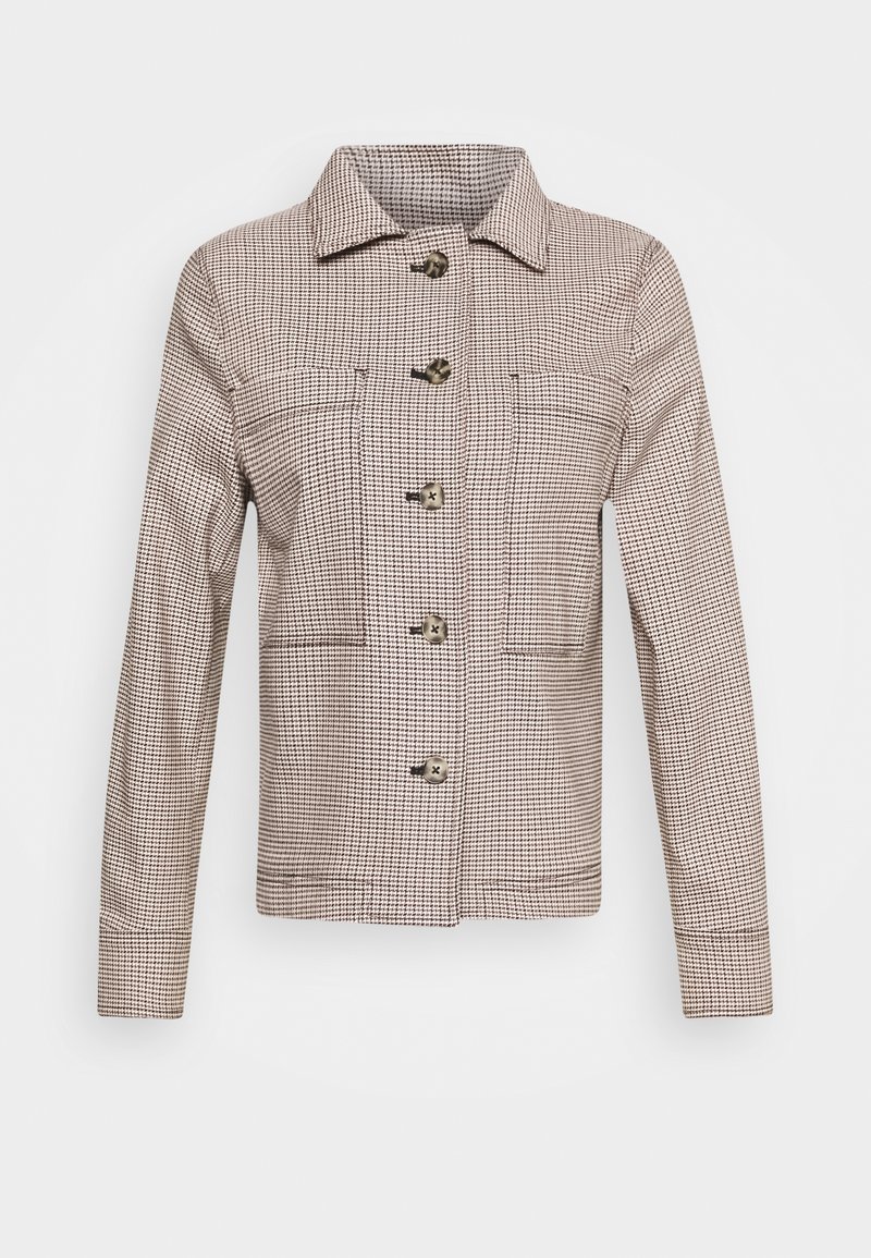 Giacca a quadri marrone e beige realizzata in tessuto tessuto. Presenta un colletto, cinque bottoni, due tasche sul petto e maniche lunghe.