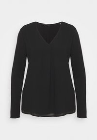 Maglia nera a maniche lunghe con scollo a V, realizzata in un tessuto liscio. Presenta una vestibilità dritta e un delicato dettaglio di cucitura sulle spalle.