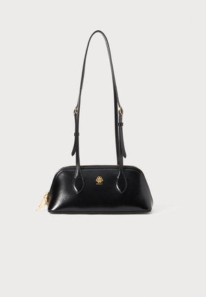 Black leather handbag with a structured shape, dual shoulder straps, gold hardware, and a zip closure at the top. Features a logo detail.