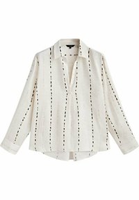 Blusa bianca con collarino, caratterizzata da righe verticali nere e piccoli dettagli a taglio in tutto il capo. Maniche lunghe con polsini abbottonati.
