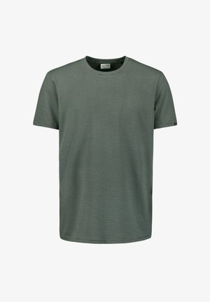 Short-sleeve crew neck t-shirt in dark green with light horizontal stripes. Made of soft fabric with a smooth texture.