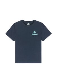 Marineblauwe katoenen t-shirt met korte mouwen. Beschikt over een klein turkoois "Element" logo op de borst. Gladde textuur, ronde hals.