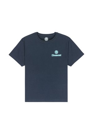 Marineblauwe katoenen t-shirt met korte mouwen. Beschikt over een klein turkoois "Element" logo op de borst. Gladde textuur, ronde hals.