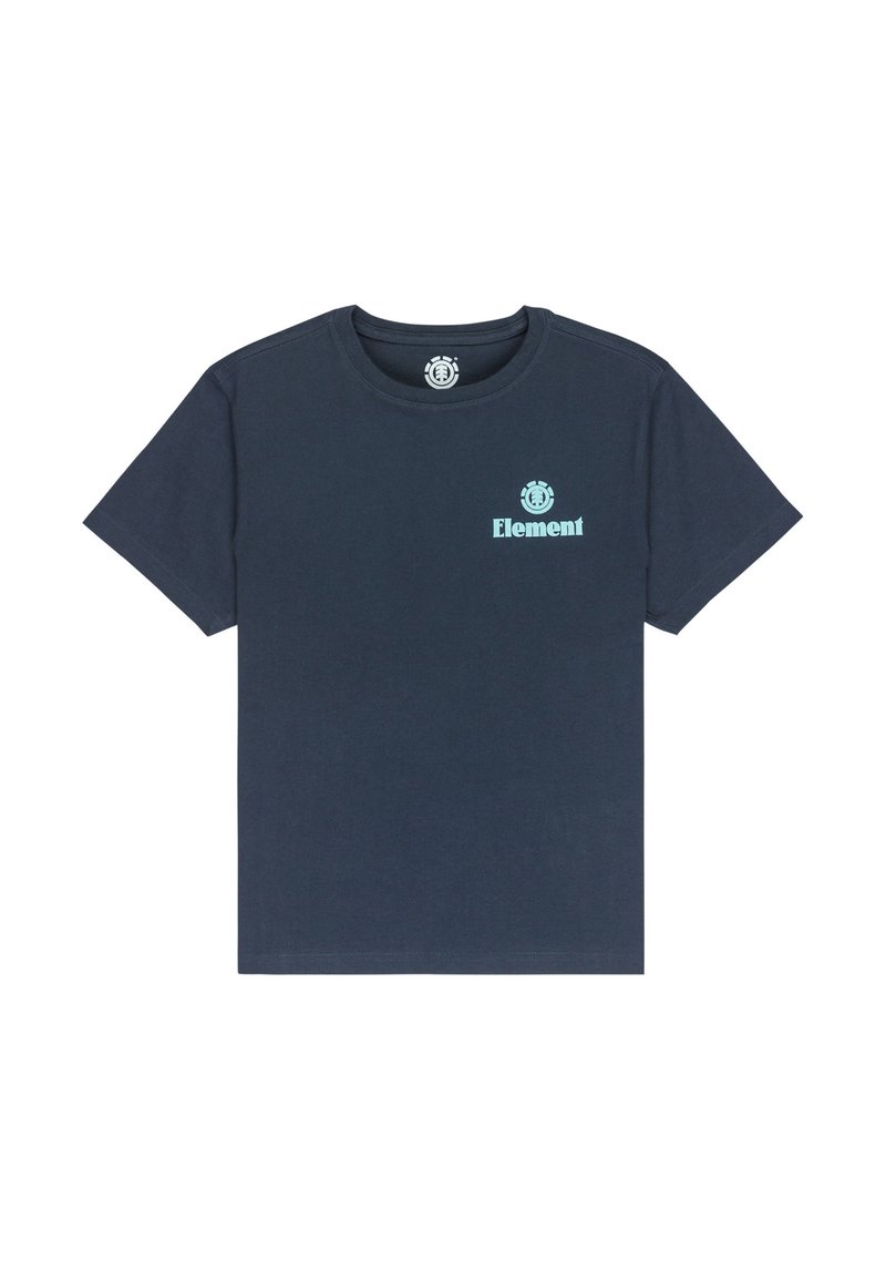Marineblauwe katoenen t-shirt met korte mouwen. Beschikt over een klein turkoois "Element" logo op de borst. Gladde textuur, ronde hals.