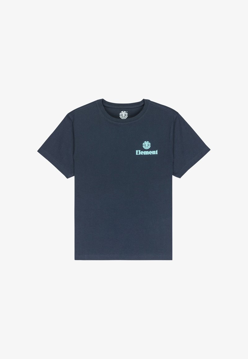Marineblauwe katoenen t-shirt met korte mouwen. Beschikt over een klein turkoois "Element" logo op de borst. Gladde textuur, ronde hals.