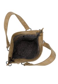 Helles Wildleder-Crossbody-Bag mit einem robusten Riemen, ausgestattet mit einem dunkel gemusterten Innenfutter und einer Reißverschlusstasche für sicheren Stauraum.