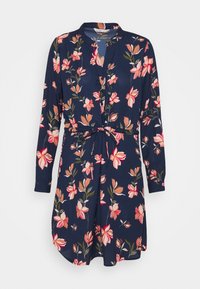 Marineblaues Blumenkleid mit langen Ärmeln, einem bindbaren Taillenbund und Knopfverschluss. Es weist rosa und orangefarbene Blumenmuster auf einem glatten Stoff auf.